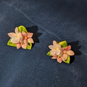 Pink Floral Clip-On Earrings with Green Leaf Accents